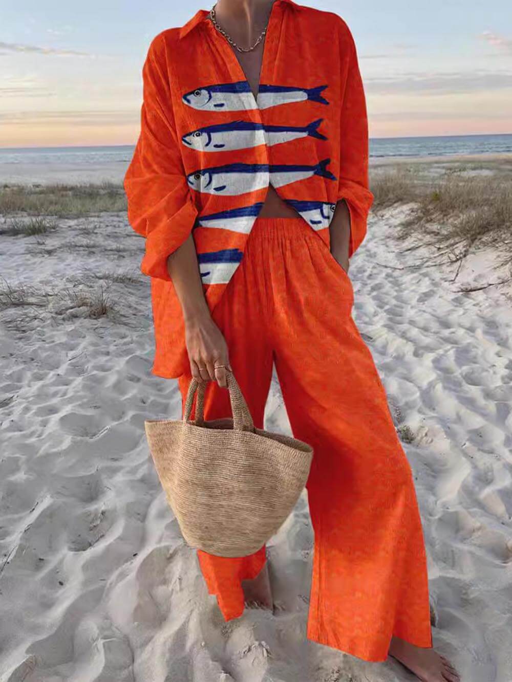 Oversized Shirt And Pants Set – Casual Print Set With Relaxed Fit Outfit For Women