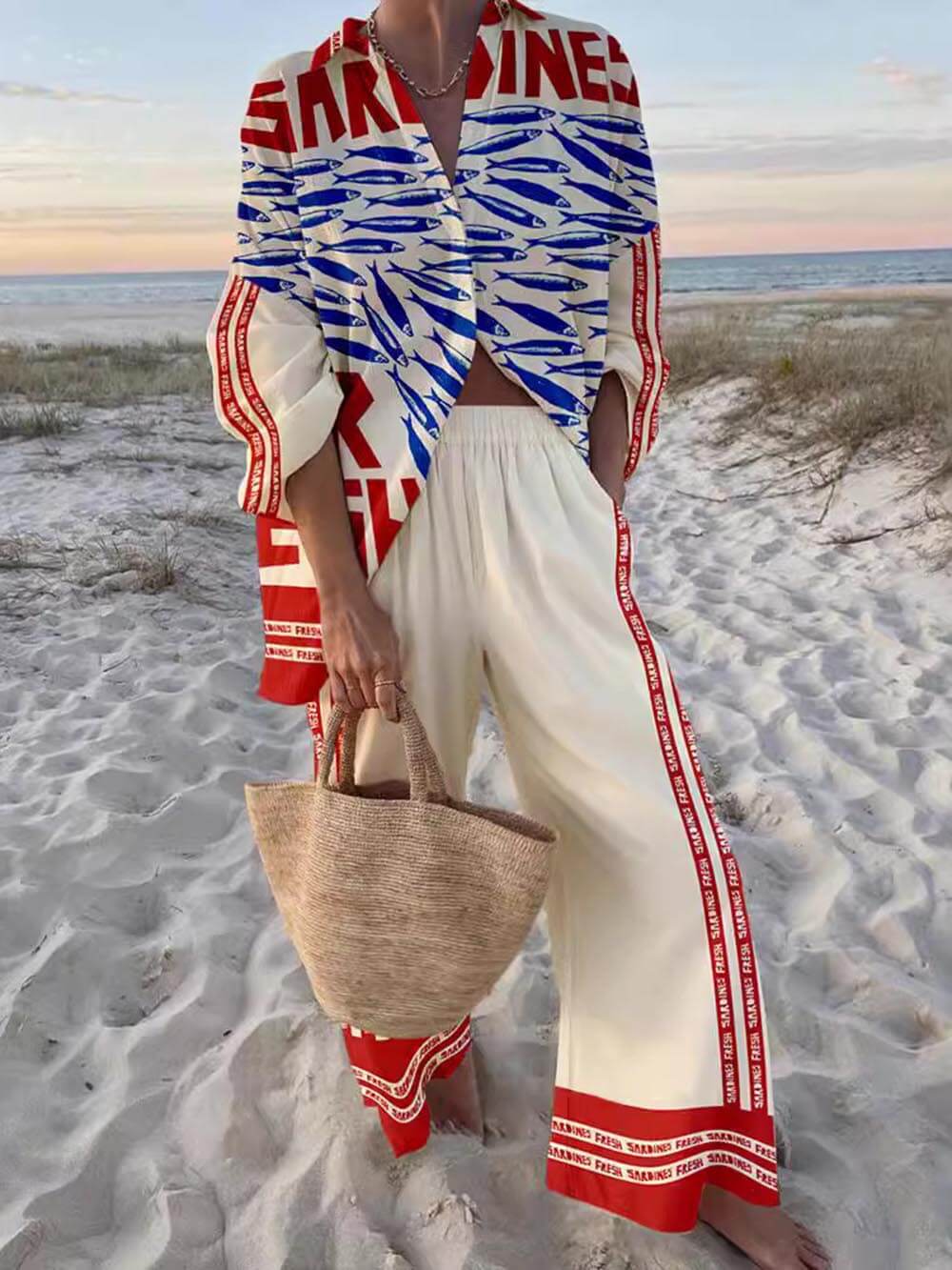 Oversized Shirt And Pants Set – Casual Print Set With Relaxed Fit Outfit For Women