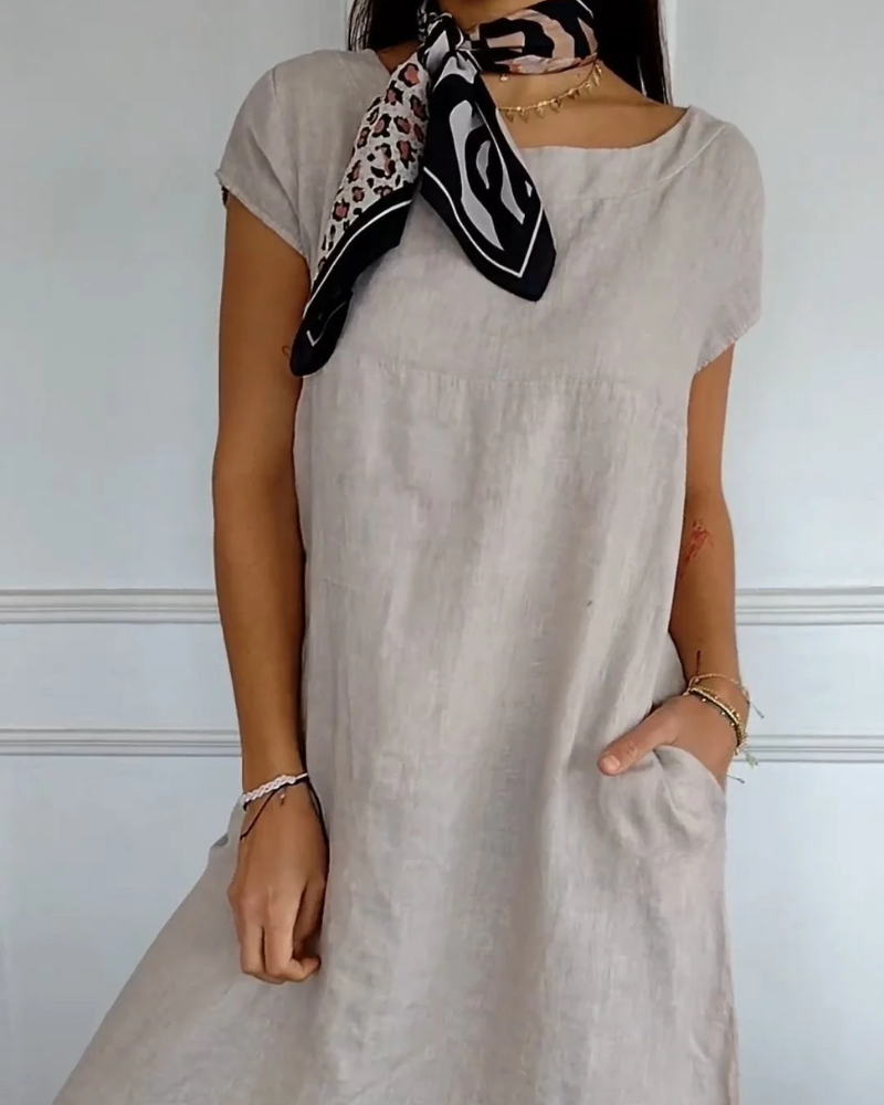 Casual Cotton Dress - Lightweight A-Line Silhouette With Side Pockets