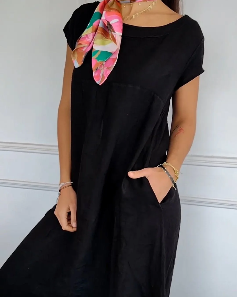 Casual Cotton Dress - Lightweight A-Line Silhouette With Side Pockets