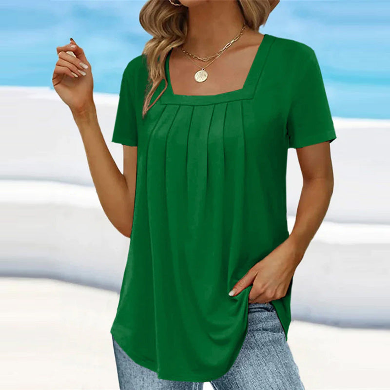 Pleated Blouse – Elegant Square Neckline Lightweight Summer Top For Women