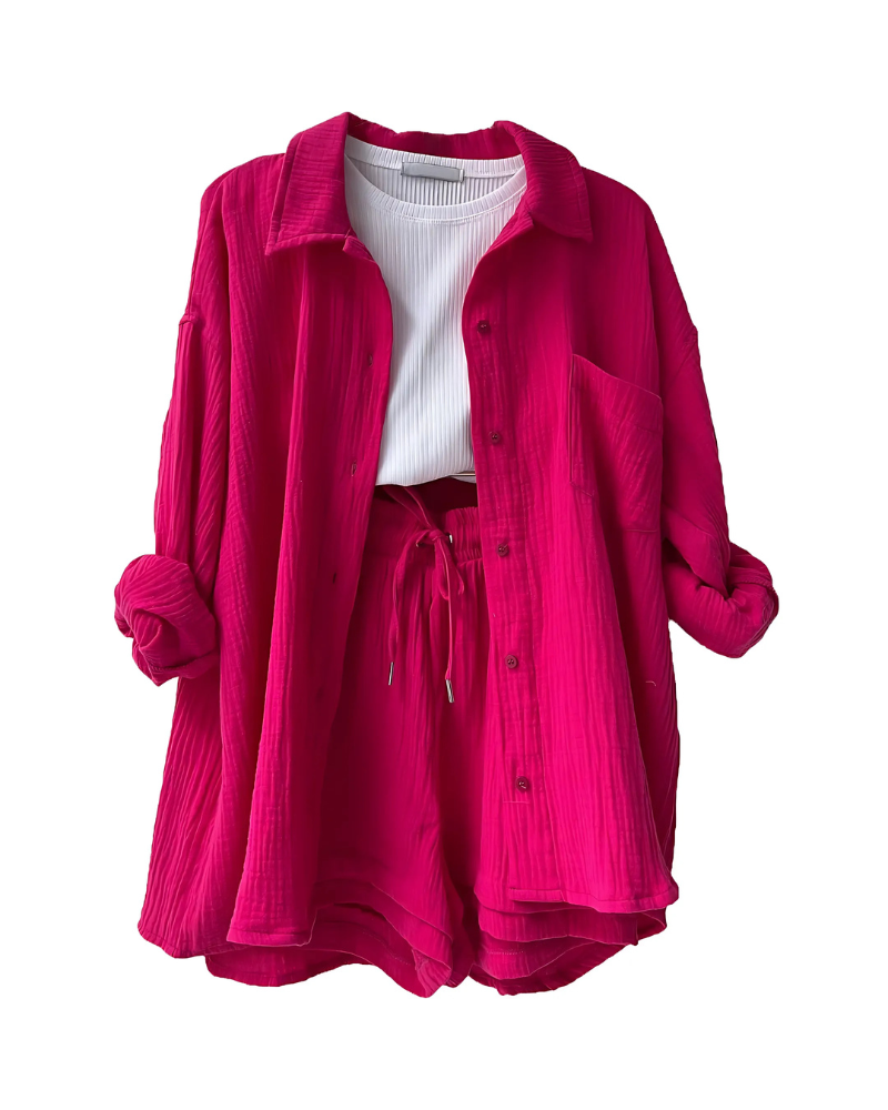 Button-Up Shorts Set – Modern Co-Ord With Lightweight Breathable Fabric & Elastic Waist