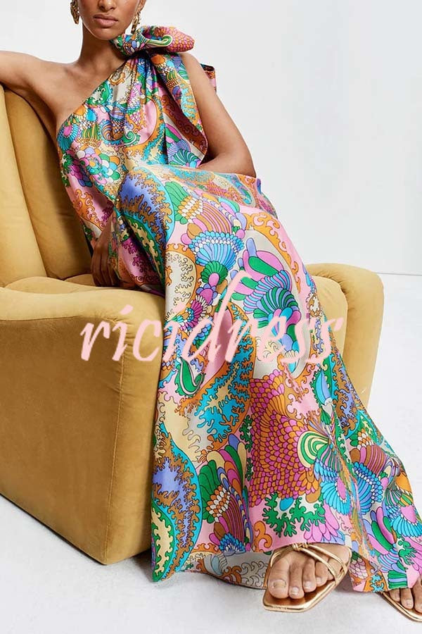 One-Shoulder Satin Maxi Dress - Unique Printed Bow Detail | Summer Elegant Gown