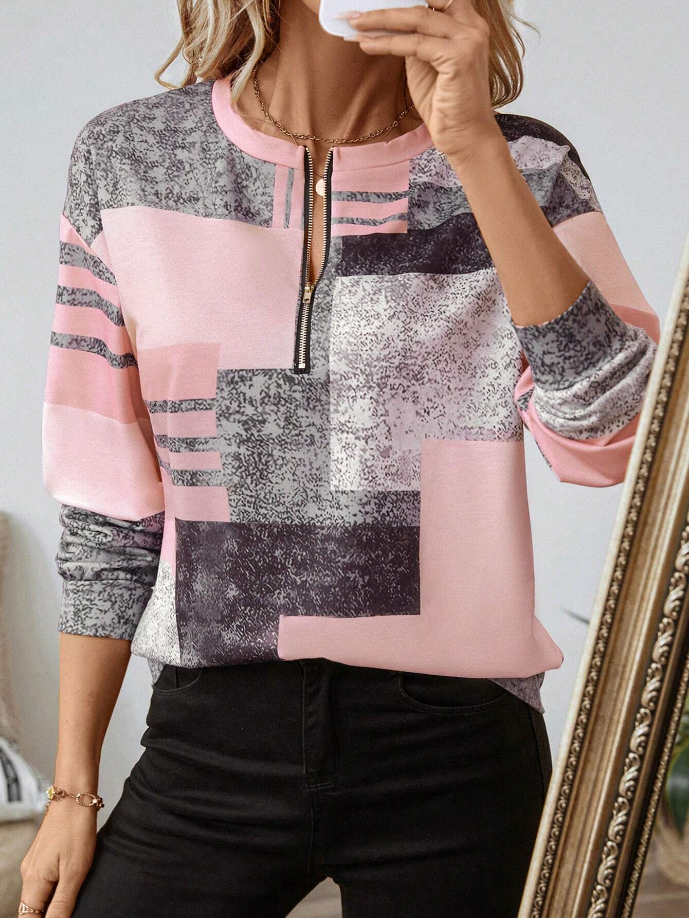 Vintage Sweatshirt – Chic Colourblock Half-Zip Retro Sweatshirt for Casual Layering