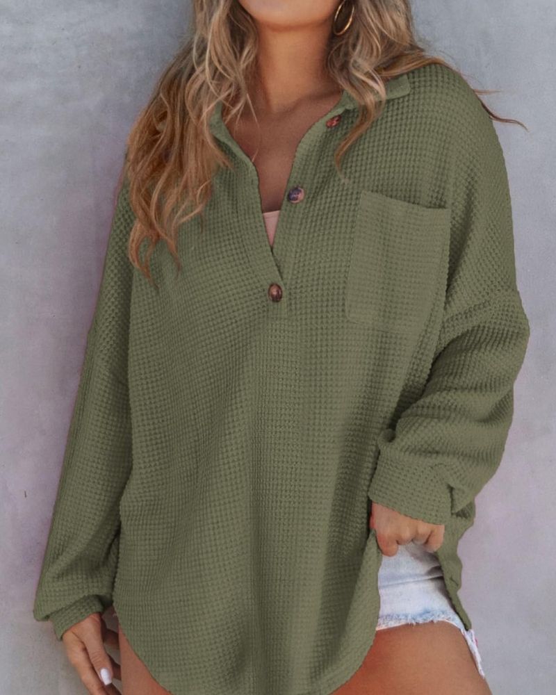 Waffle Knit Shirt - Relaxed Fit V Neck Sweater With Button Up Tunic Style