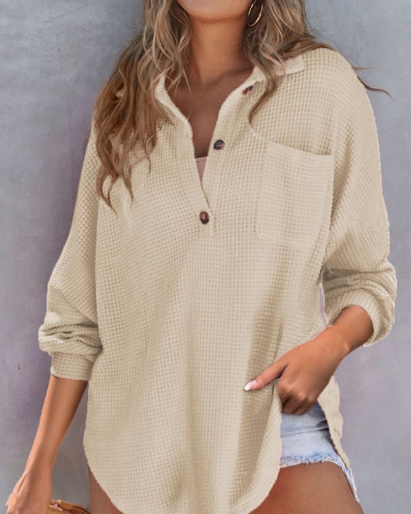 Waffle Knit Shirt - Relaxed Fit V Neck Sweater With Button Up Tunic Style
