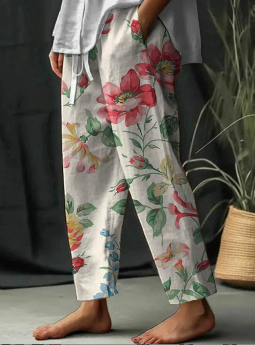 Floral Print Pants - Loose Fit Trousers With Side Pockets | Summer Casual Wear