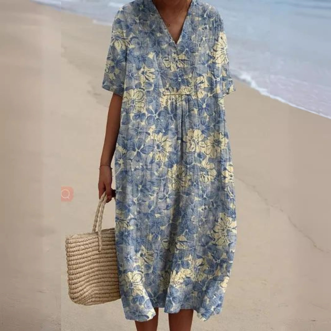 Floral Sundress - Lightweight Linen Cotton Blend Dress With Tummy Coverage