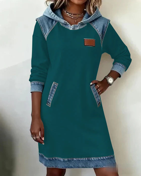 Casual Hooded Dress – Two Tone Cotton Blend, Straight Fit Pocketed Style