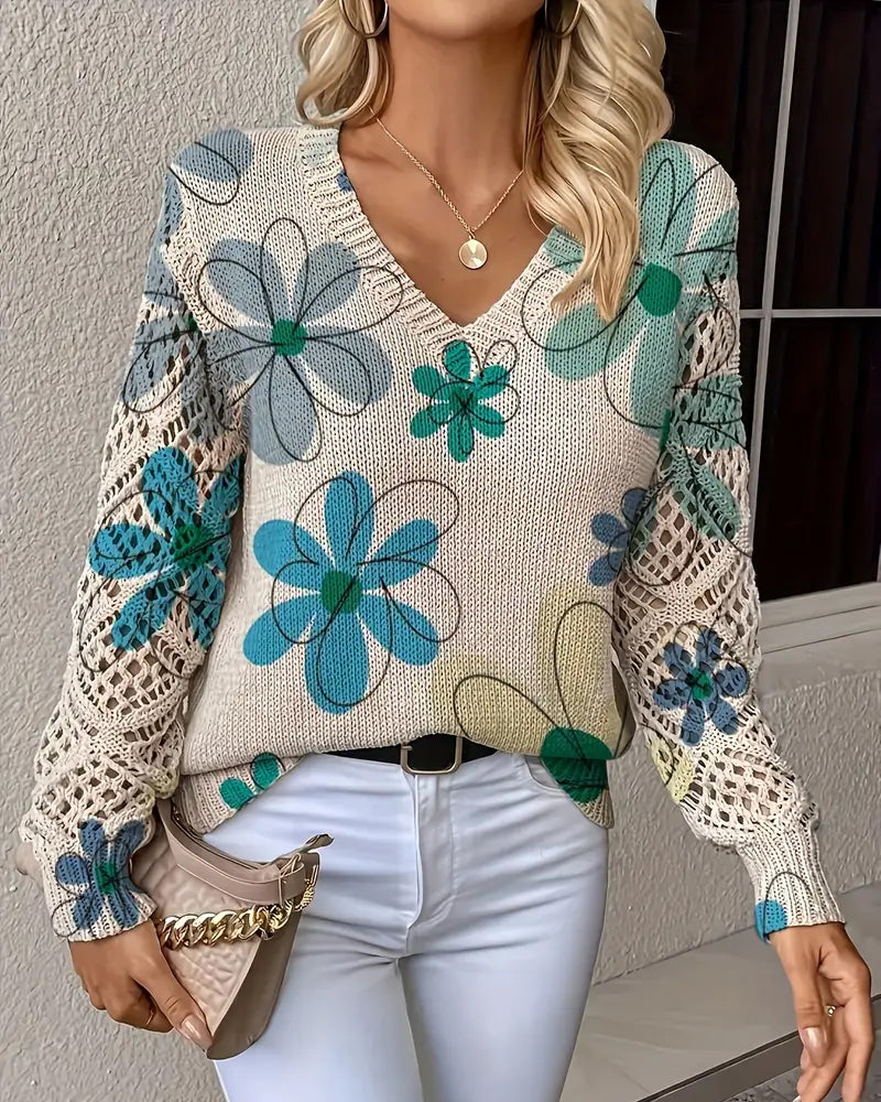 V-Neck Open Knit Sweater - Lightweight Cotton Blend Pullover For Spring