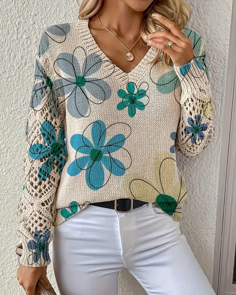 V-Neck Open Knit Sweater - Lightweight Cotton Blend Pullover For Spring
