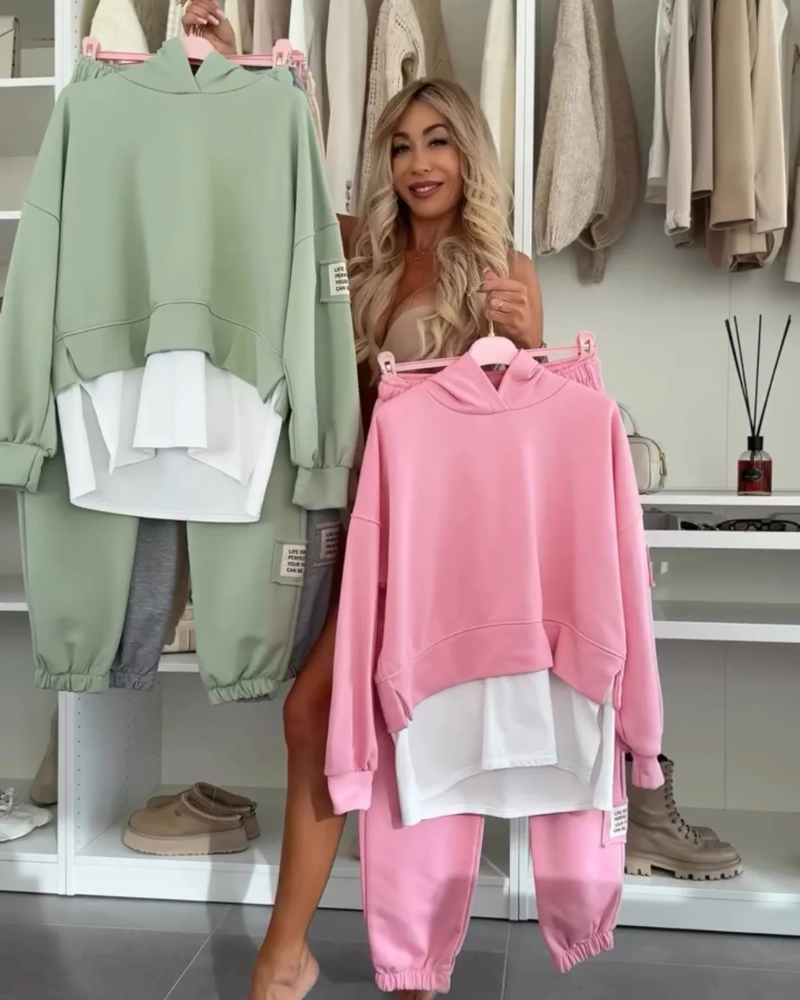 Casual Two Piece Set – Cozy Hooded Sweatshirt & Relaxed Fit Pants Outfit