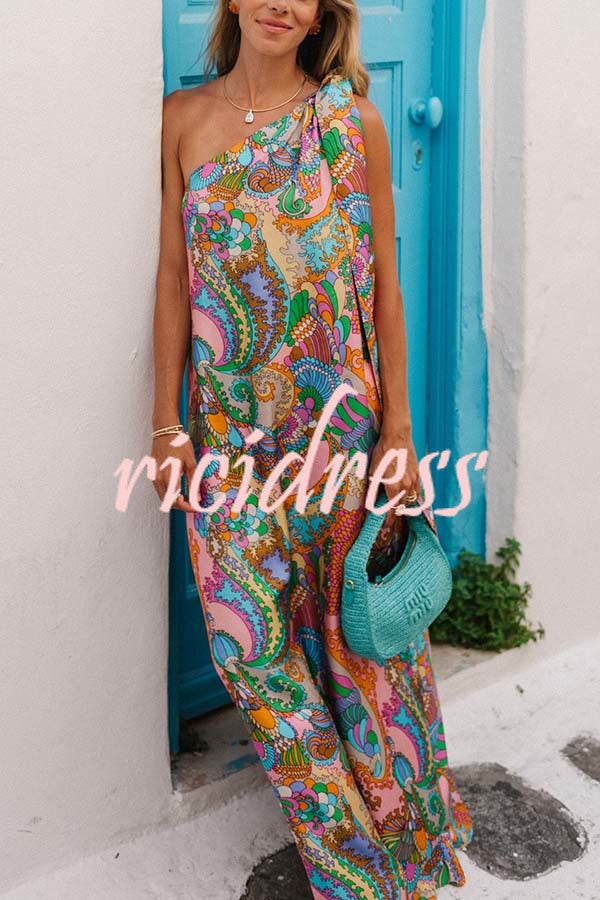 One-Shoulder Satin Maxi Dress - Unique Printed Bow Detail | Summer Elegant Gown