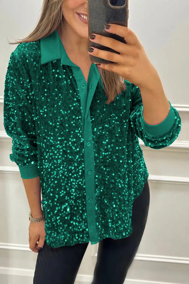 Shimmer Sequin Shirt – Chic Tailored Fit Party Top with Sparkling Sequined Fabric