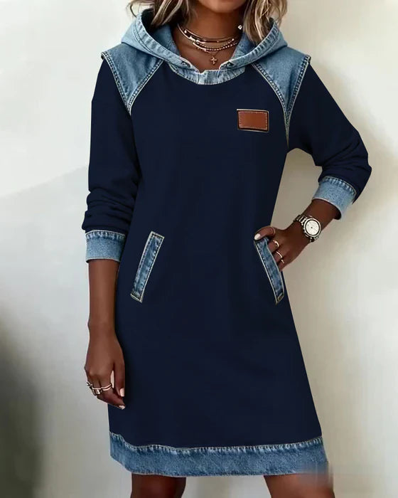 Casual Hooded Dress – Two Tone Cotton Blend, Straight Fit Pocketed Style