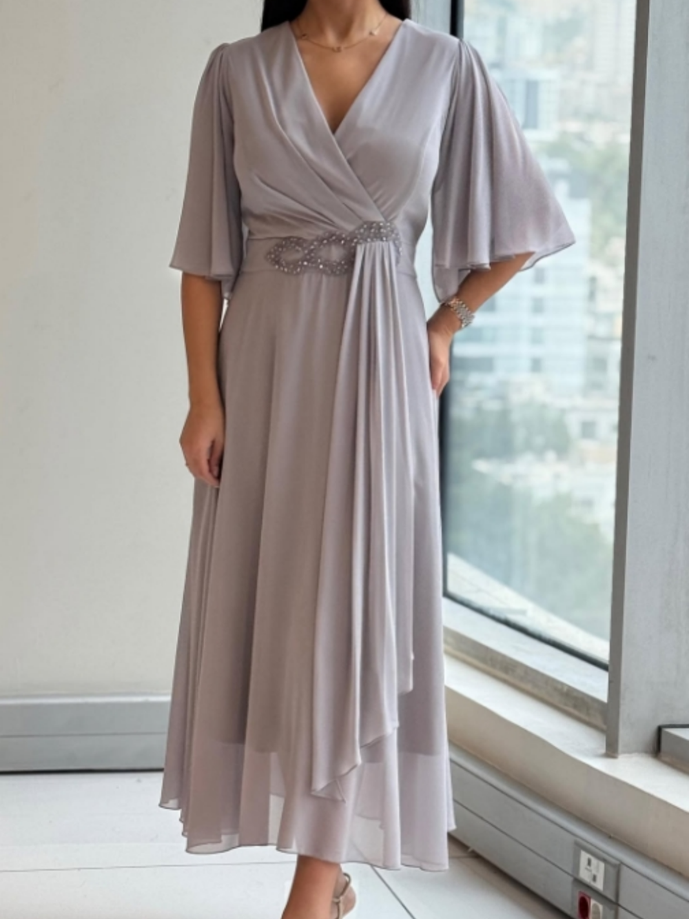 V-Neck Chiffon Dress – Elegant Maxi Length Gown | Lightweight Flowing Fabric