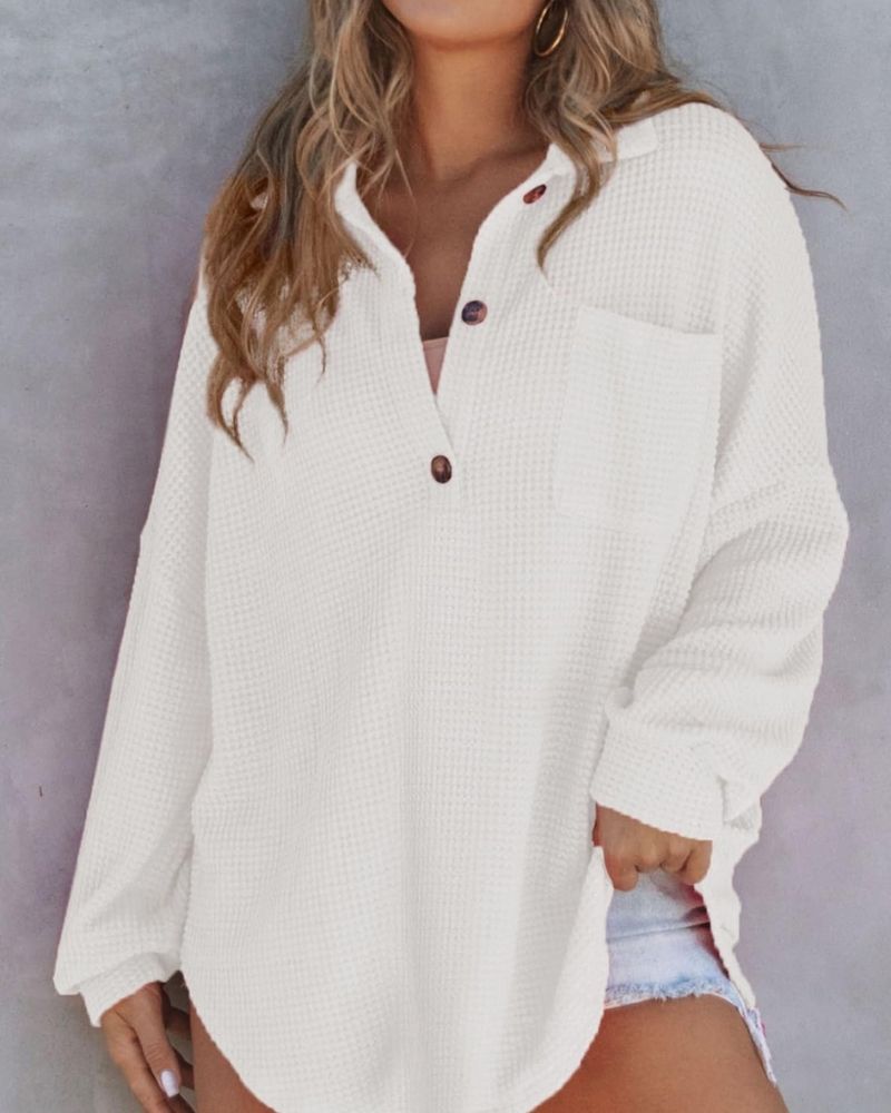 Waffle Knit Shirt - Relaxed Fit V Neck Sweater With Button Up Tunic Style