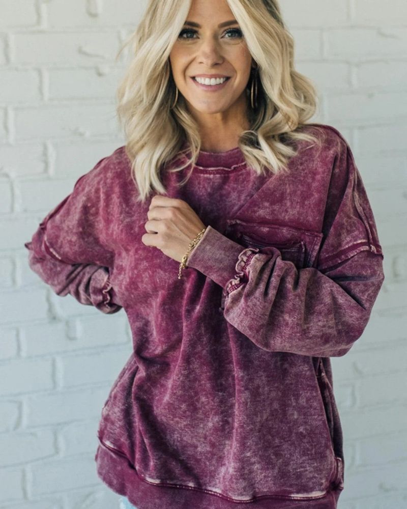 French Terry Pullover - Lightweight Acid Wash Sweatshirt with Hidden Side Pockets