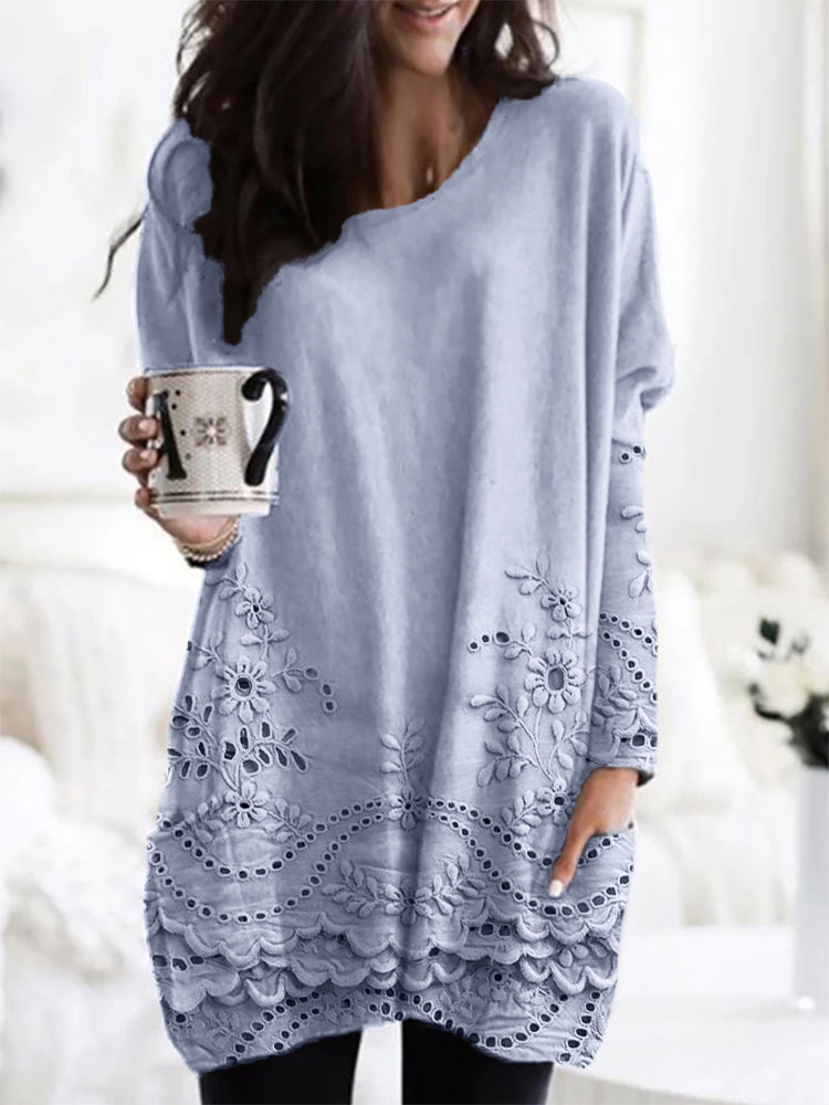 Cozy Printed Sweater - Floral Embroidered Tunic With Scalloped Hem & Relaxed Fit