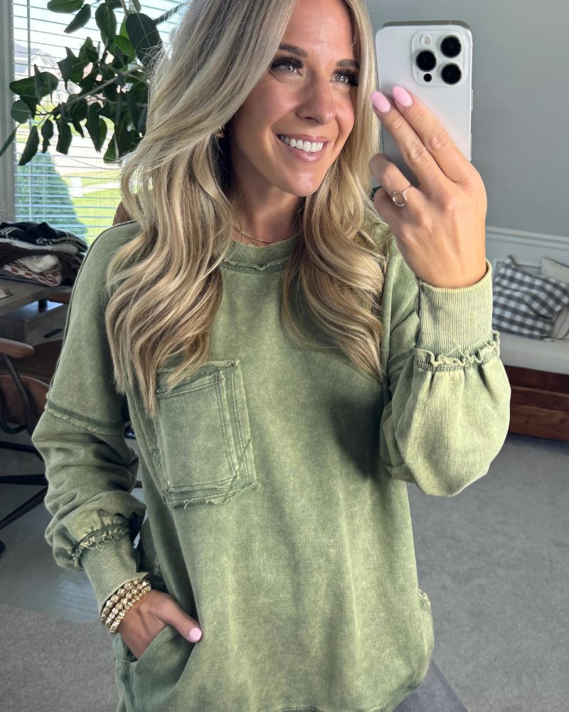 French Terry Pullover - Lightweight Acid Wash Sweatshirt with Hidden Side Pockets