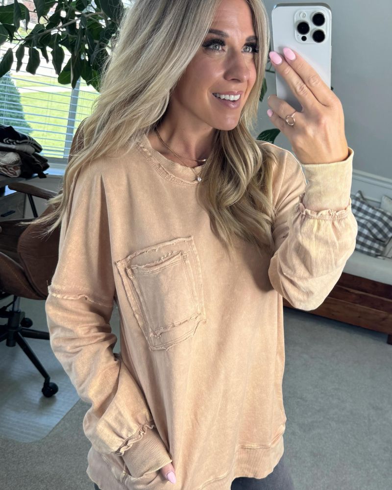 French Terry Pullover - Lightweight Acid Wash Sweatshirt with Hidden Side Pockets