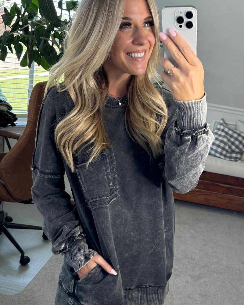 French Terry Pullover - Lightweight Acid Wash Sweatshirt with Hidden Side Pockets