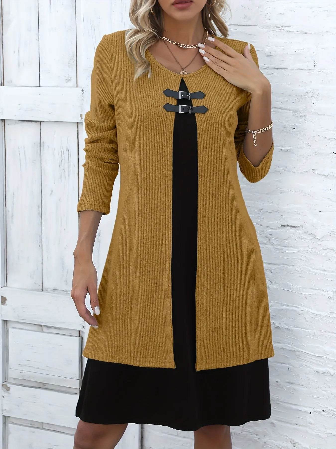 Stylish Casual Dress - Two-Tone Long Sleeve Office Wear With Buckle Detail