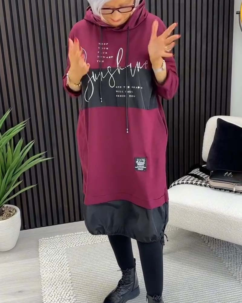 Casual Hooded Dress – Polyester Midi Dress With Pockets & Adjustable Drawstring