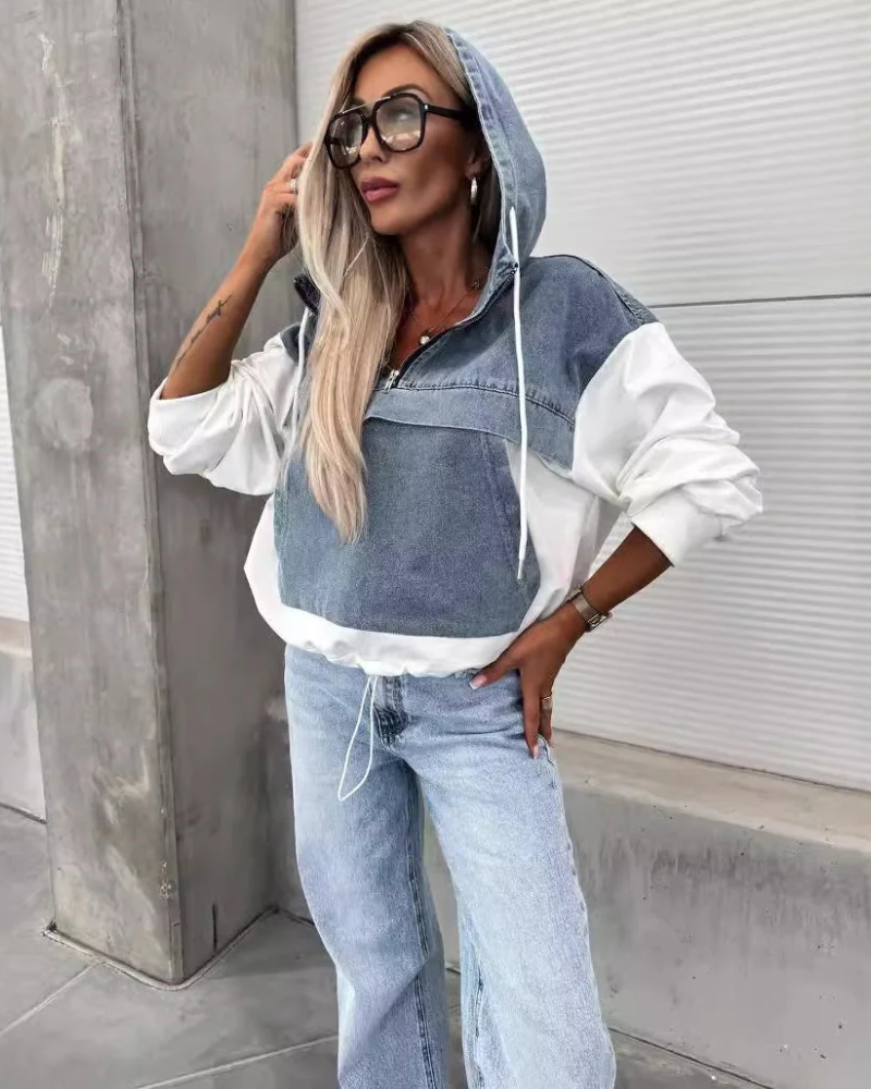 Jeans Sweater Hoodie - Cropped Relaxed Fit With Denim Panel & Adjustable Hem