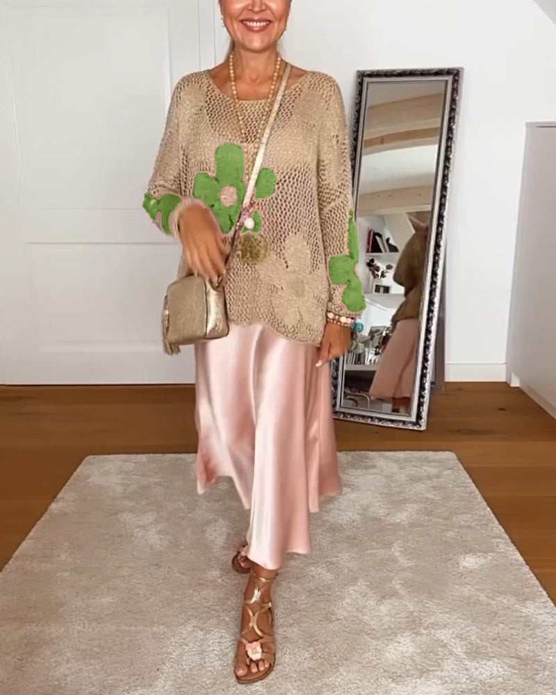 Floral Knit Sweater – Classic Fit Women's Cozy Knitwear With Elegant Floral Design