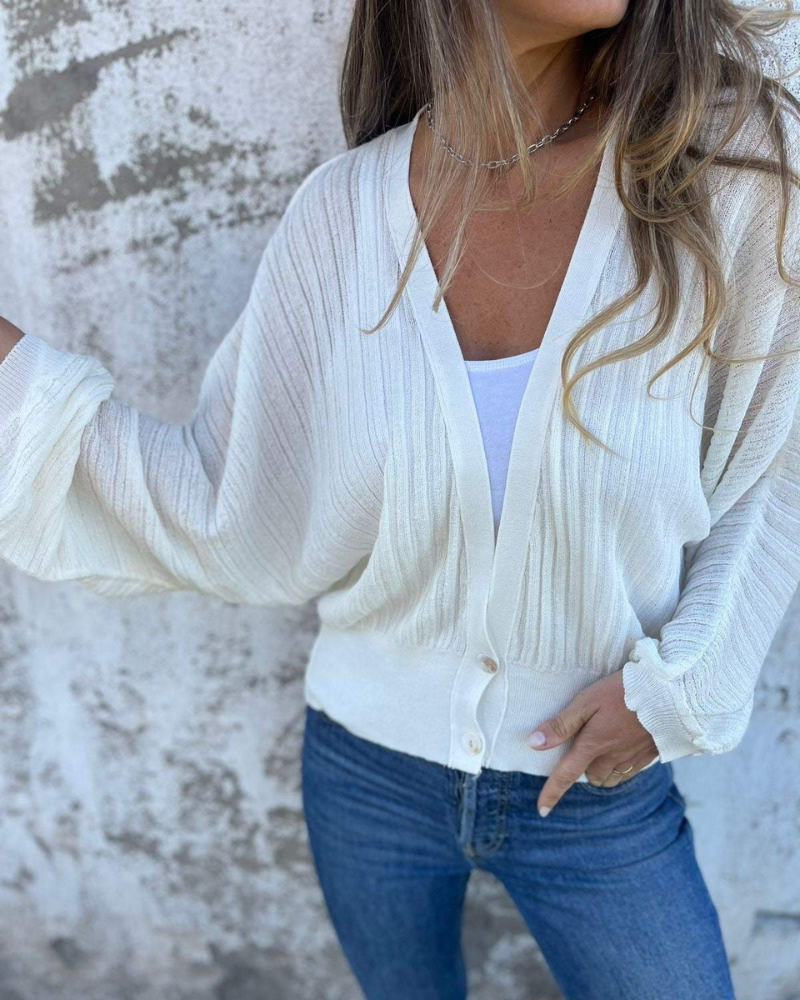 Stylish Cardigan - Rib Knit Layering Piece With Button Down Front & Neutral Tone