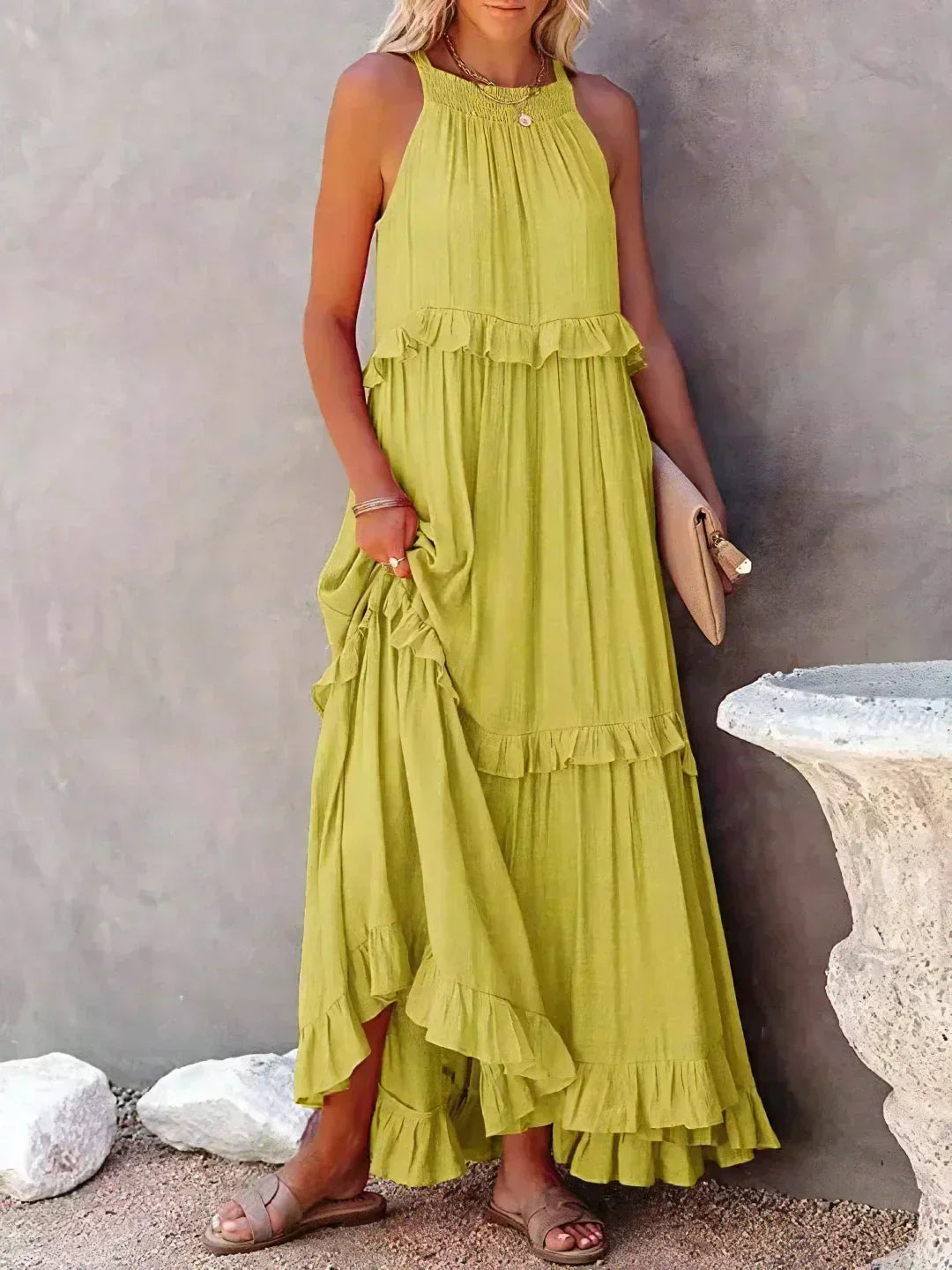 Halter Ruffle Maxi Dress – Elegant Bohemian Flowy Summer Dress With Ruffle Hem