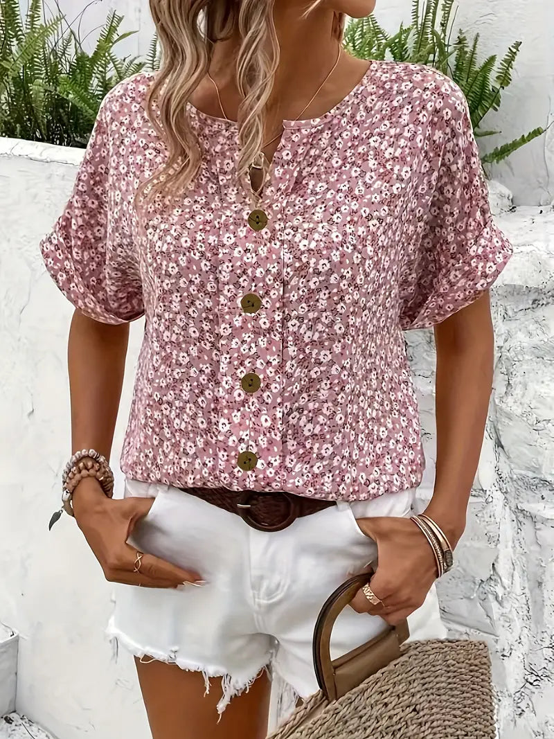 Floral Print Blouse - Notched Collar Top With Comfortable Flexible Fit