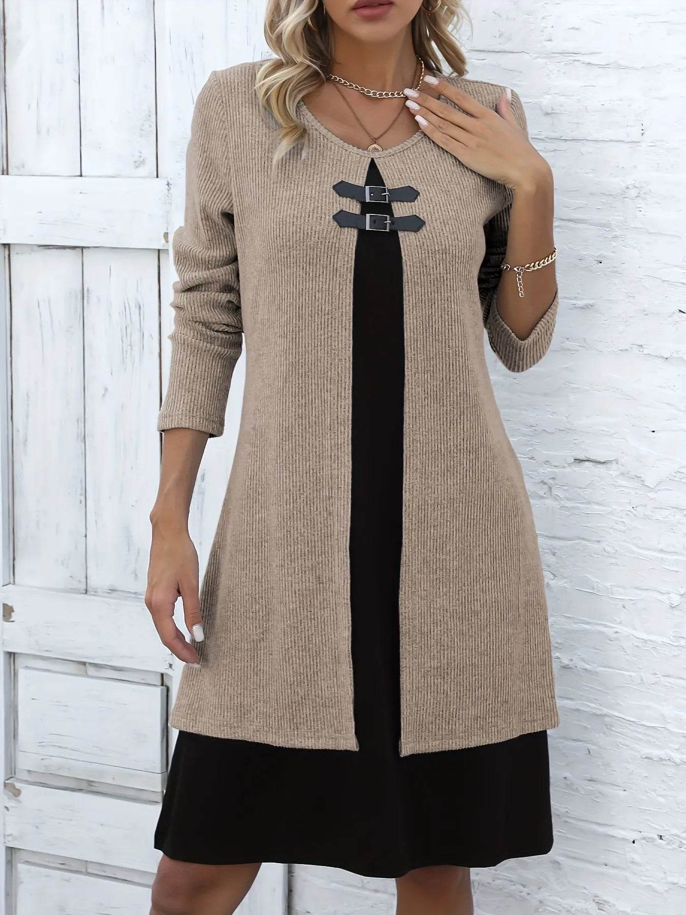 Stylish Casual Dress - Two-Tone Long Sleeve Office Wear With Buckle Detail