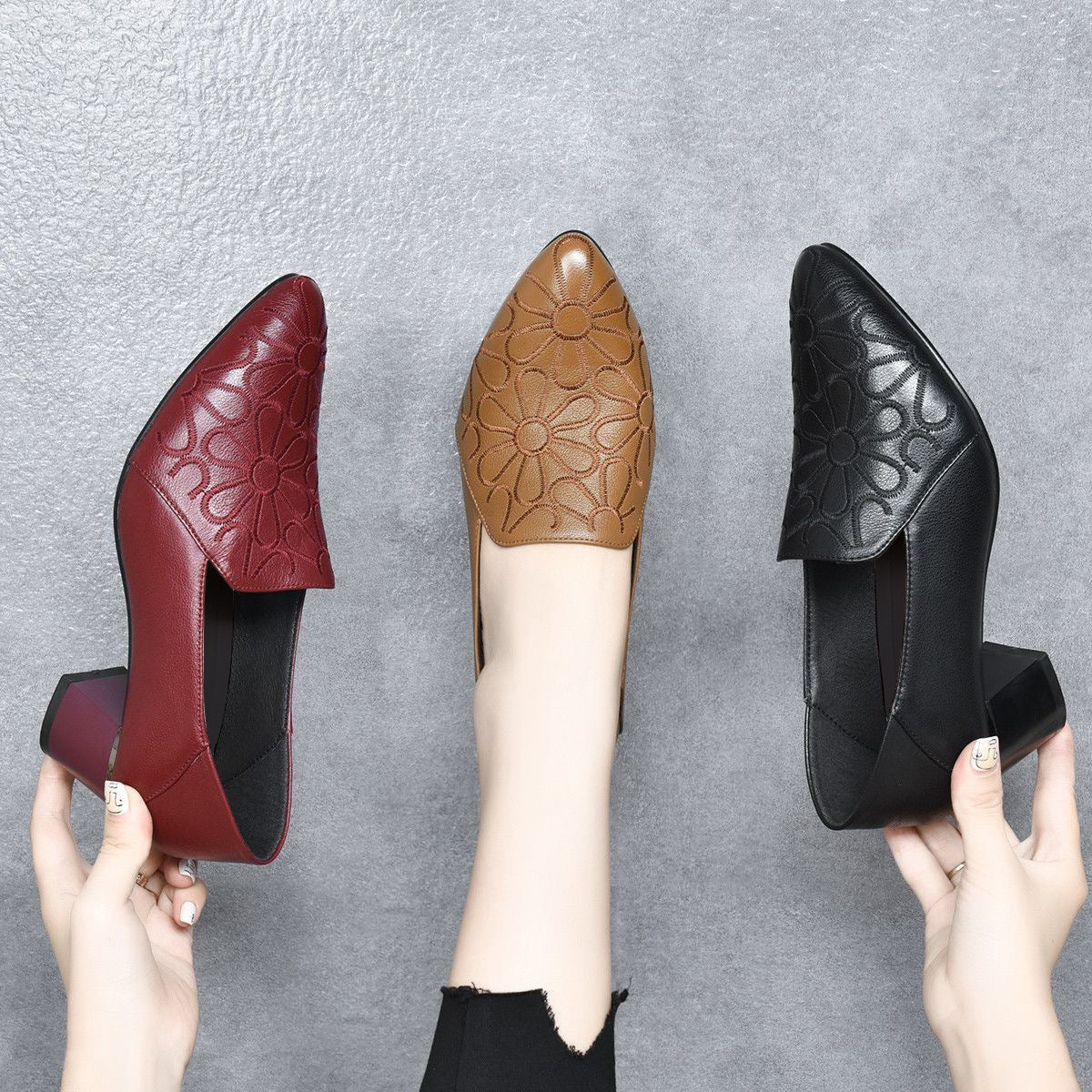 Soft Vegan Leather Pumps – Embroidered Classic Women's Heels with Cushioned Sole