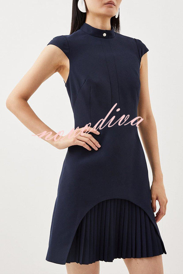 Military Style Mini Dress – Structured Patchwork Pleated Hem Statement Dress