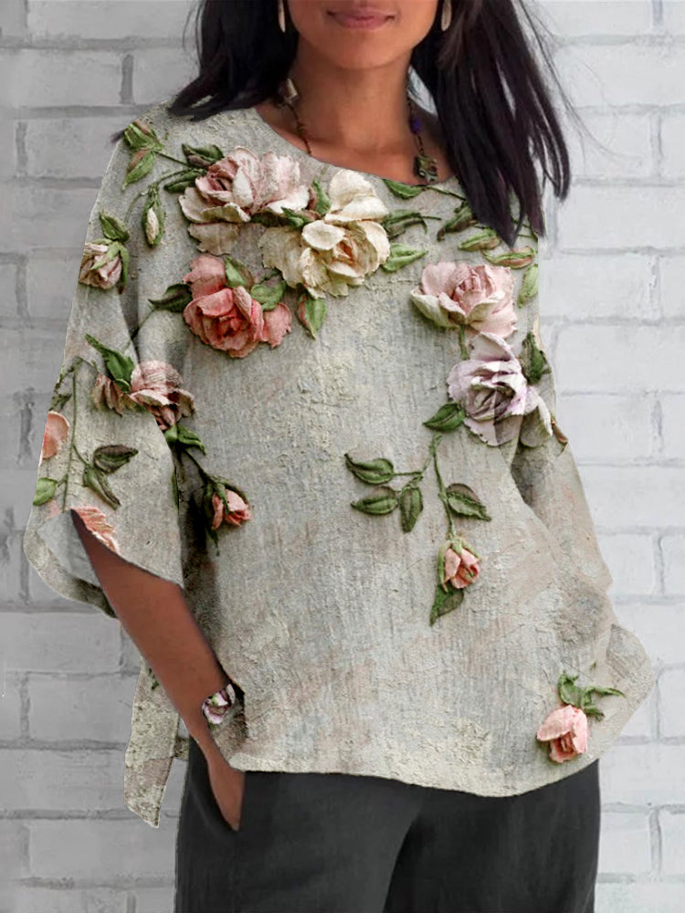 Floral 3D Art Top - Vintage Floral Print Blouse With Handcrafted Design
