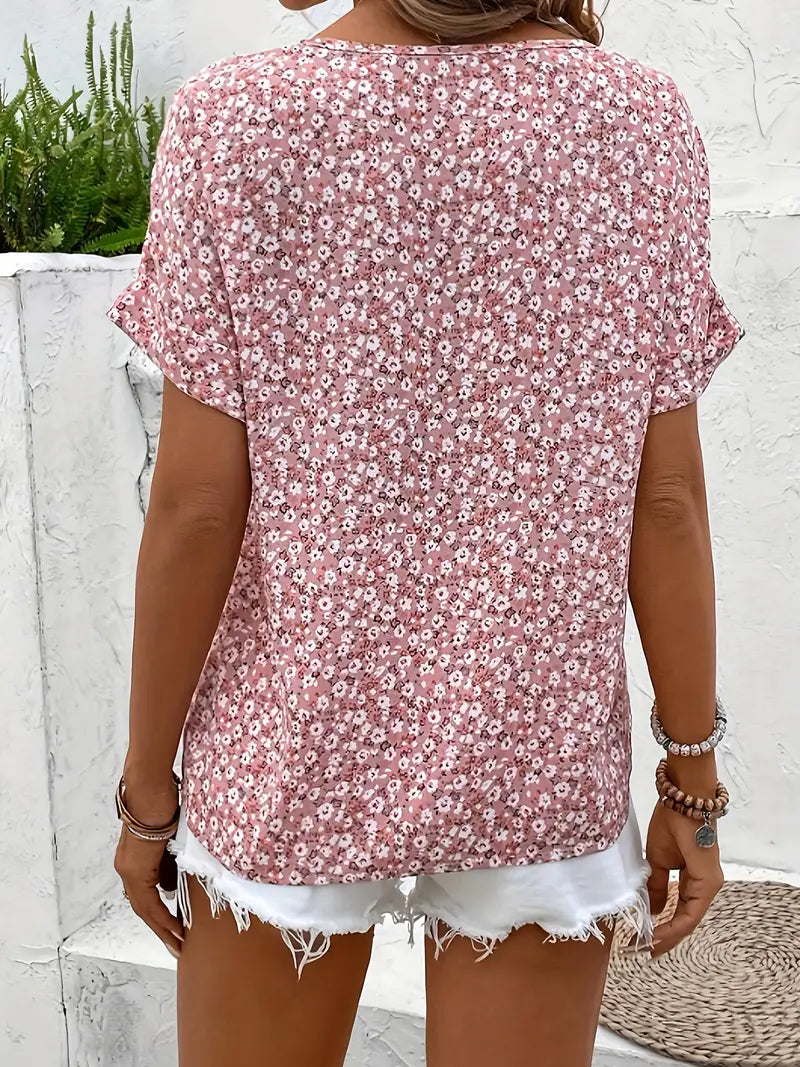 Floral Print Blouse – Notched Collar Top With Feminine Floral Print And Relaxed Fit