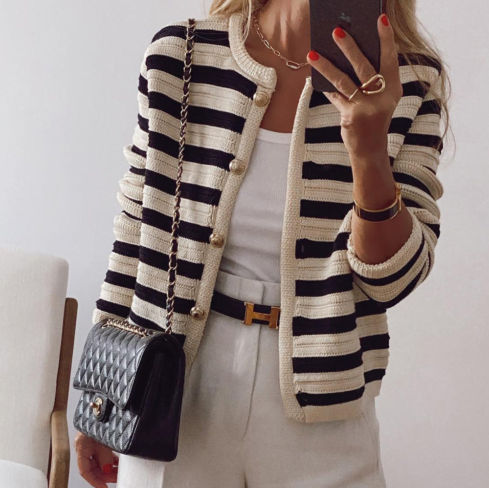 Elegant Striped Cardigan – Women's Cozy Button Closure Knitwear Sweater