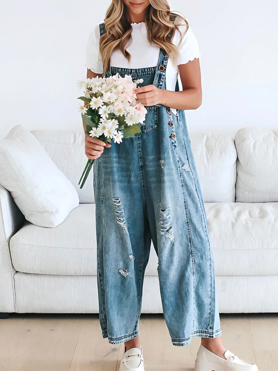 Distressed Denim Overalls – Women’s Vintage Adjustable Strap Casual Jumpsuit