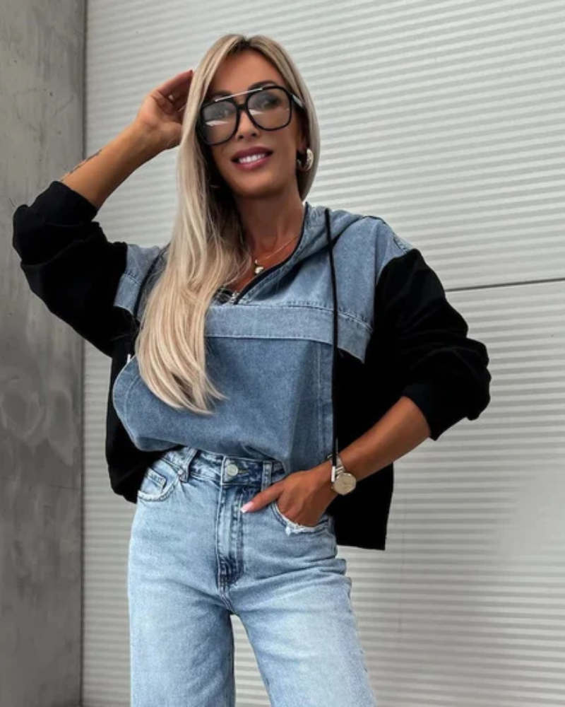 Jeans Sweater Hoodie - Cropped Relaxed Fit With Denim Panel & Adjustable Hem