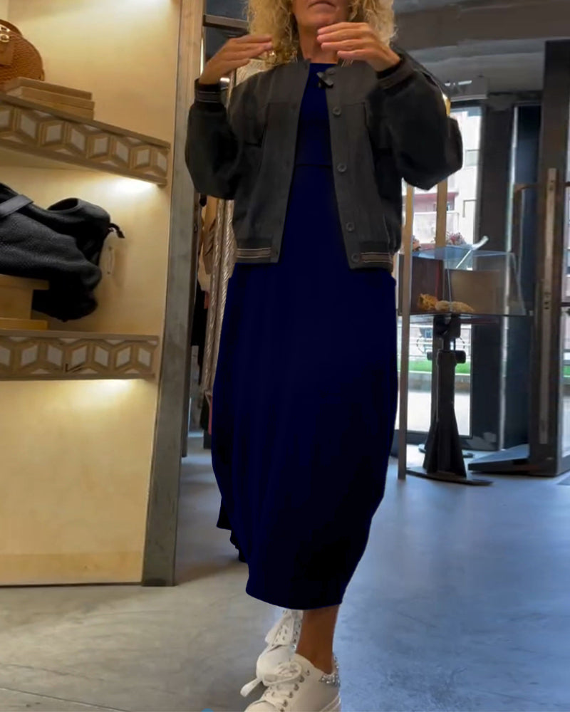 Round Neck Pocket Dress – Elegant Midi Dress With Functional Pockets For Women