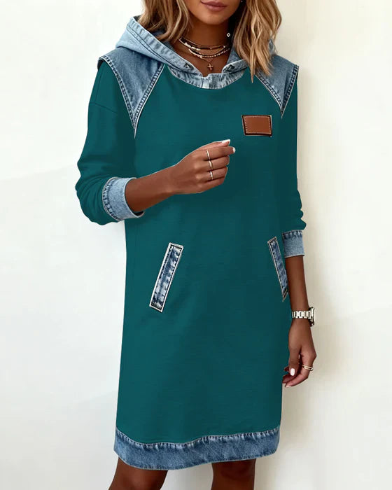 Casual Hooded Dress – Two Tone Cotton Blend, Straight Fit Pocketed Style