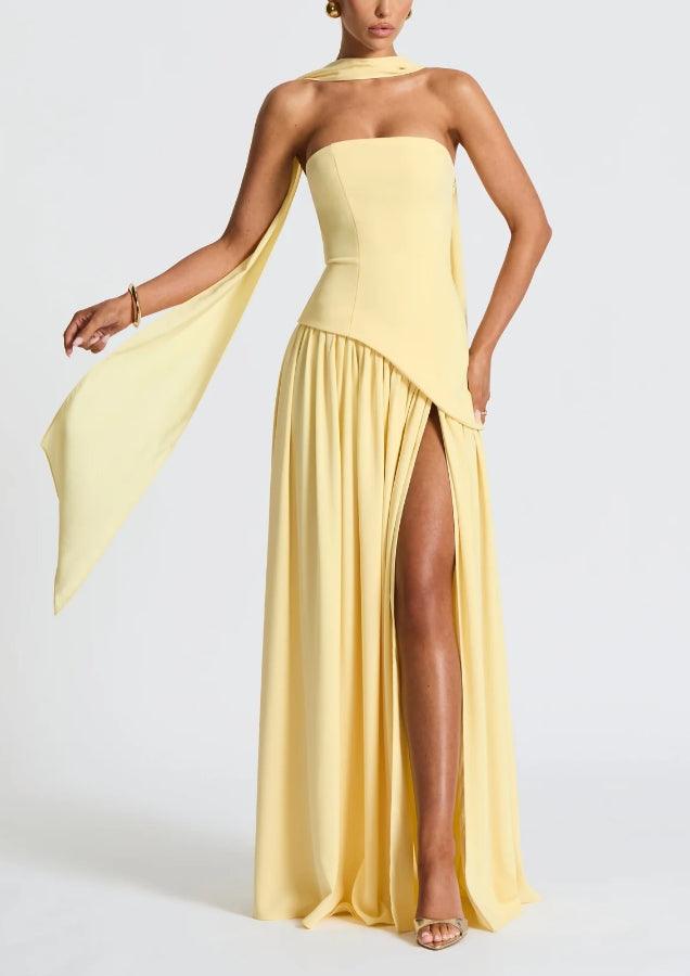 Strapless Slit Gown – Elegant Maxi Dress With Ribbon Detail & Satin Blend Fabric