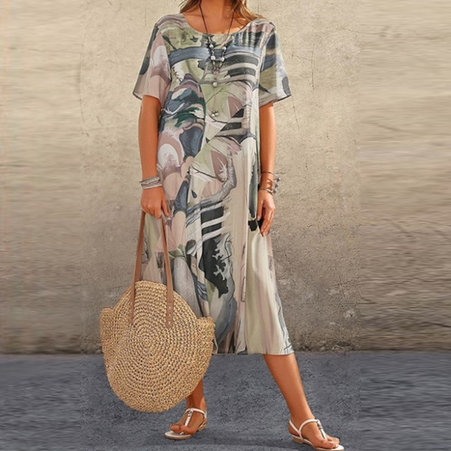 Lightweight Midi Dress – Casual Flowing Summer Dress with Artistic Print