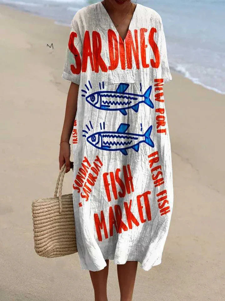 Vintage Sardines Dress – Cotton Linen Flowing Summer Dress With Tie-Back Detail