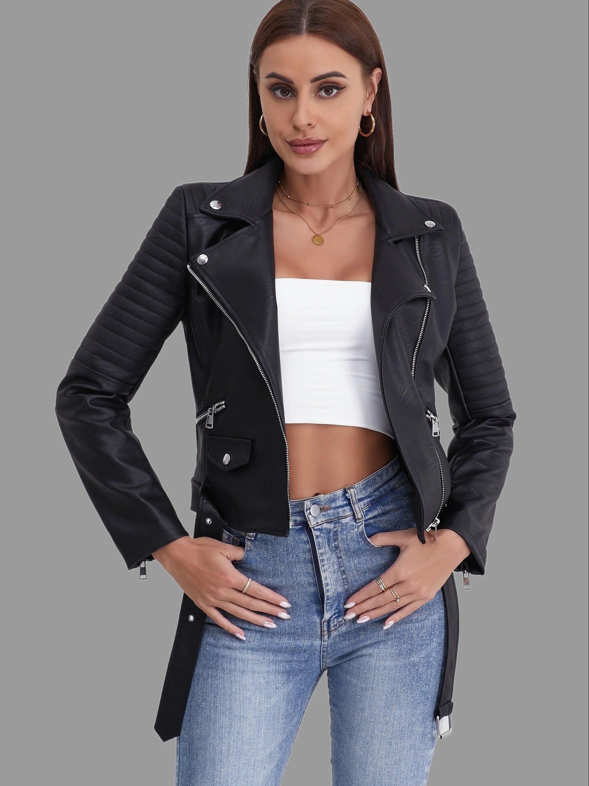 Trendy Biker Jacket – Women's Leather Motorcycle Jacket with Silver Accents