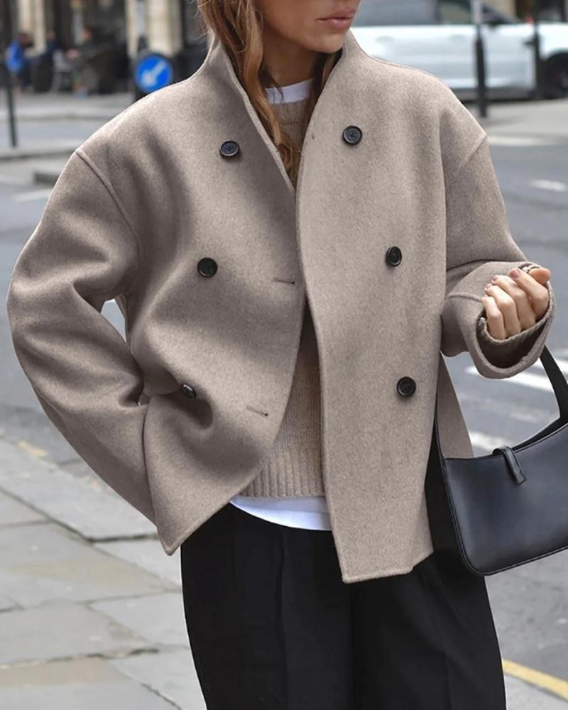 Designer Wool Blend Jacket – Loose Fit Double Breasted Chic Comfort Coat