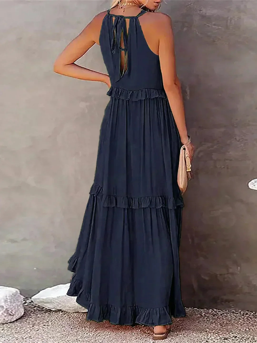 Halter Ruffle Maxi Dress – Elegant Bohemian Flowy Summer Dress With Ruffle Hem
