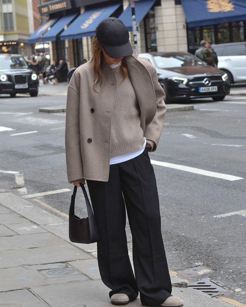 Designer Wool Blend Jacket – Loose Fit Double Breasted Chic Comfort Coat